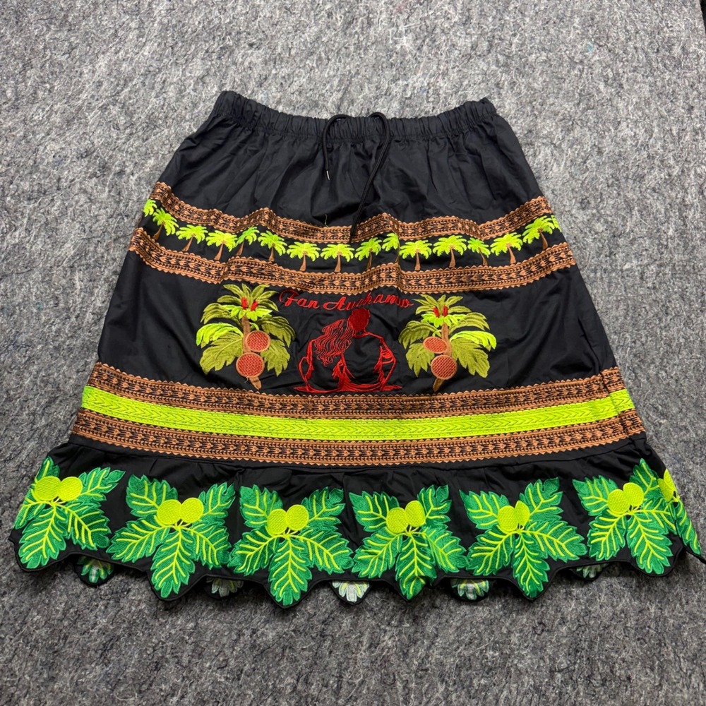 Fan Auchan Tropical Embroidered Black Midi Skirt 3XL Palm‎ Tree Scalloped Hem